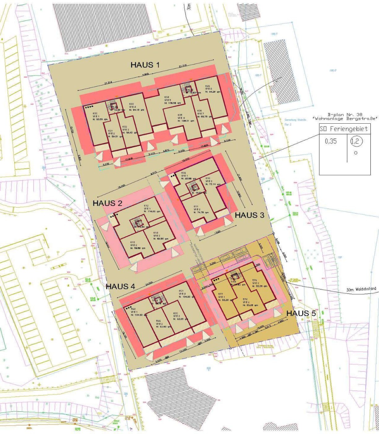 Lageplan des Planungsentwurfs mit den Häusern 1 bis 5