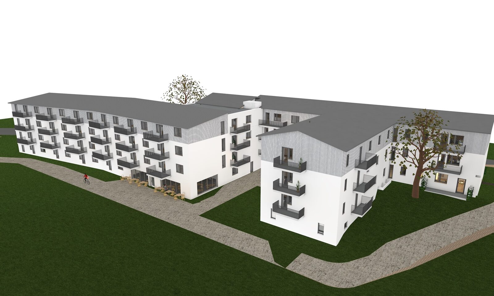 Visualisierung der Seniorenwohnanlage Prausitz aus der Luft: zwei Gebäudeflügel mit Balkonen um einen grünen Hof