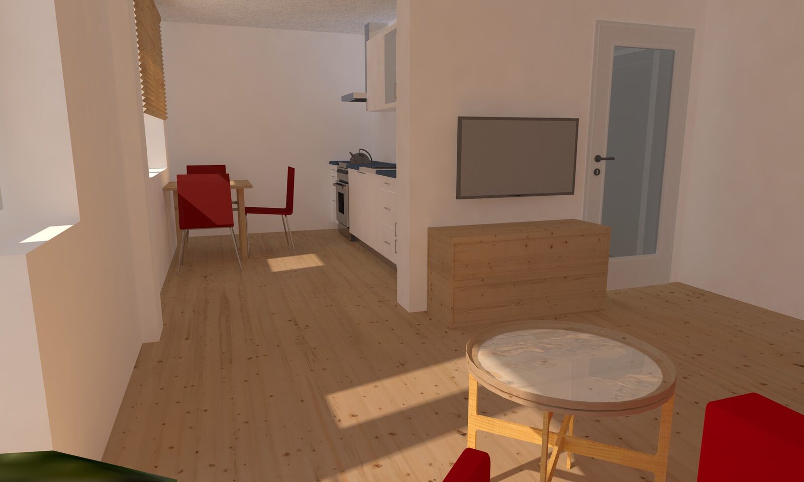 Innenansicht einer geplanten Wohnung mit Balkontür