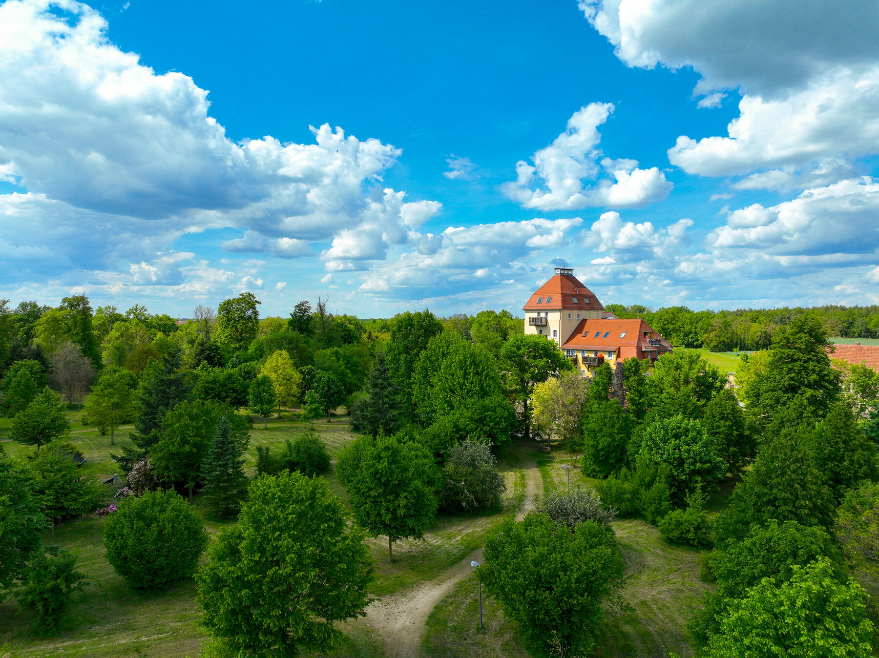 Baumbestandener Park mit Wegen, im Hintergrund die Mühle